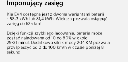 Imponujący zasięg. Kia EV4 dostępna jest z dwoma wariantami baterii - 58,3 kWh lub 81,4 kWh. Większa pozwala osiągnąć zasięg do 625 km! Dzięki funkcji szybkiego ładowania, bateria może zostać naładowana od 10 do 80% w około 29-31 minut. Dodatkowo silnik mocy 204 KM pozwala przyśpieszyć od 0 do 100 km/h w czasie poniżej 8 sekund.